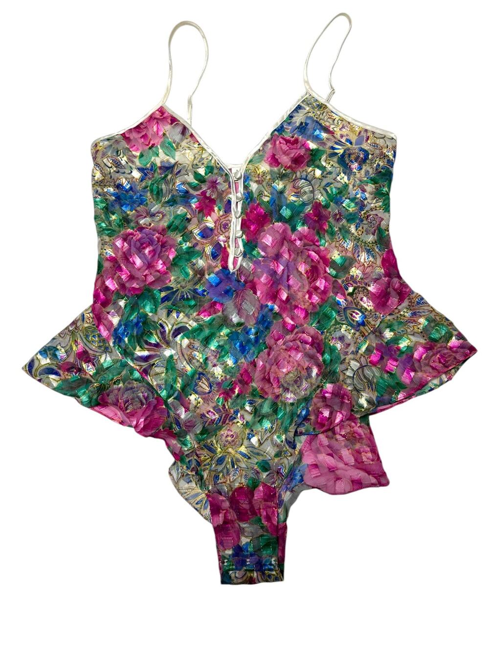 Vintage 80' Victoria Secret Metallic Multicolored Floral Ruffled Bodysuit Size M